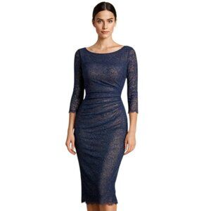 Reiss Dark Blue Sheer Lace Underlay Ruched Bodycon Midi Dress